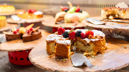 Bright sponge cake with berries. Several pieces have already been eatenの写真素材
