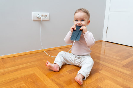 A child picked up a charging mobile phone. Concept of everyday dangersの写真素材