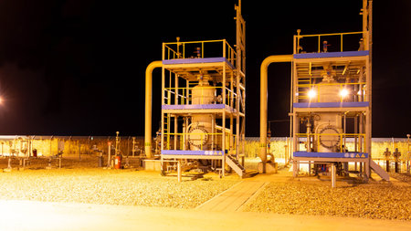 Natural gas filtration devices at a metering station at nightの写真素材