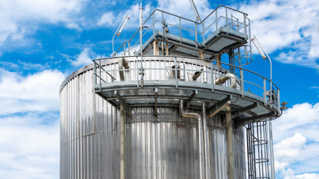 A huge metal tank at a production facility surrounded by pipesの写真素材