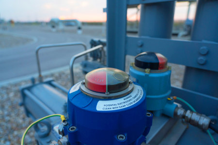 Valve actuator cover with red duplicated mechanical closing indicatorの写真素材