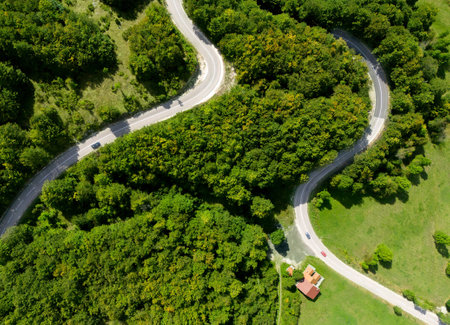 Winding mountain road through forest. Aerial viewの写真素材