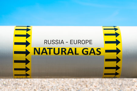 Gas export from Russia to Europe. Natural gas pipeline showing the direction of gas flow from Russia.の写真素材