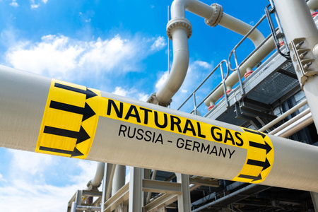 Natural gas pipeline showing the direction of gas flow from Russia to Germany. Cconcept of gas...