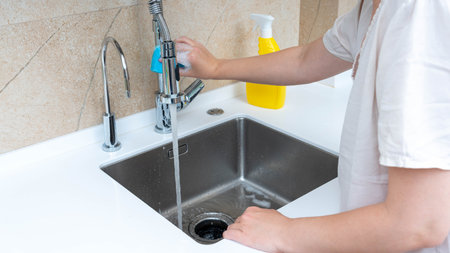 A person rinsing a blue sponge under running water using a flexible faucet in a modern kitchen, highlighting practicality and cleanliness.の写真素材