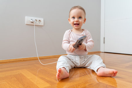 A curious toddler exploring a smartphone with a charger near the outlet, highlighting everyday risks in a household setting.の写真素材