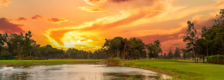 A stunning sunset reflected in a tranquil pond on a golf course, surrounded by trees and vibrant skies, offering natural serenity.の写真素材