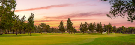 A stunning golf course surrounded by trees and illuminated by the vibrant colors of a serene sunset sky.の写真素材