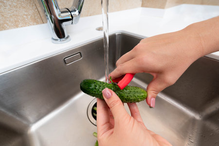 Carefully peeling a fresh cucumber under running water in the kitchen sink, emphasizing healthy cooking preparation.の写真素材
