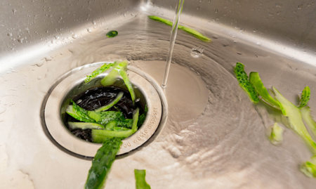 Efficient kitchen waste disposal system handling cucumber peels with running water in a modern sink setup.の写真素材