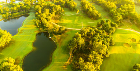 An aerial view of a golf course with ponds, winding paths, and vibrant greenery bathed in golden lightの写真素材