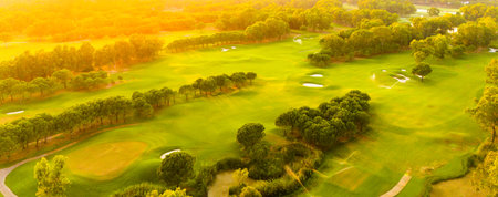 A panoramic view of a golf course bathed in golden sunset light surrounded by lush greeneryの写真素材