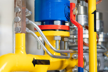 Natural gas piping system with colorful valves and flow indicators ensuring safety and precision in gas operationsの写真素材