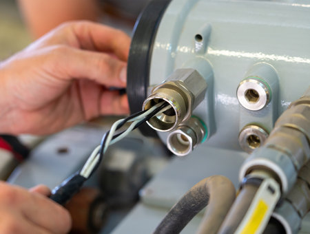 Hands connecting industrial wires to equipment during maintenance process.の写真素材
