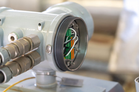 A close-up of industrial equipment with exposed internal electronics for maintenance.の写真素材