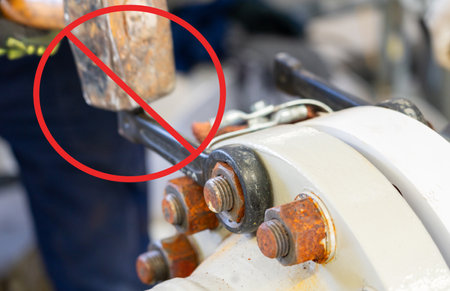 Safety warning: Improper use of a hammer on a wrench while tightening an industrial flange connectionの写真素材