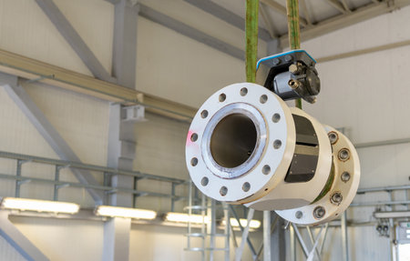 Ultrasonic flow meter being lifted for installation on a flanged pipeline in an industrial facilityの写真素材