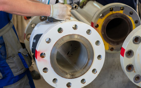 Worker dismantling an ultrasonic flowmeter from a flanged pipeline in an industrial setting.の写真素材
