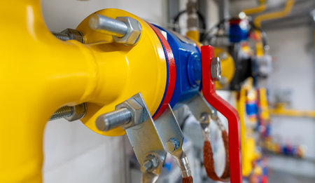 Natural gas pipeline with flanged connection and manual valve in an industrial facilityの写真素材