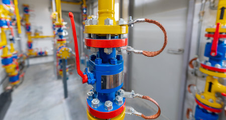Natural gas pipeline with flanged connection and manual shut-off valve in an industrial facility