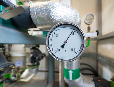 Industrial thermometer measuring pipeline temperature in a boiler room systemの写真素材