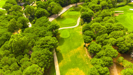 Aerial view of a golf course surrounded by lush trees and winding pathsの写真素材