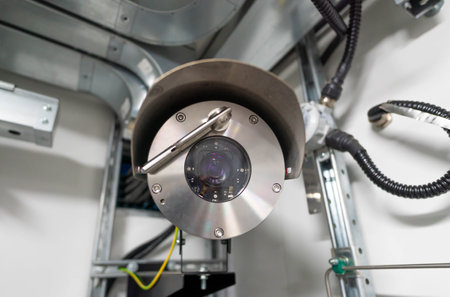 Industrial surveillance camera in a protective stainless steel housing mounted in a secure facilityの写真素材