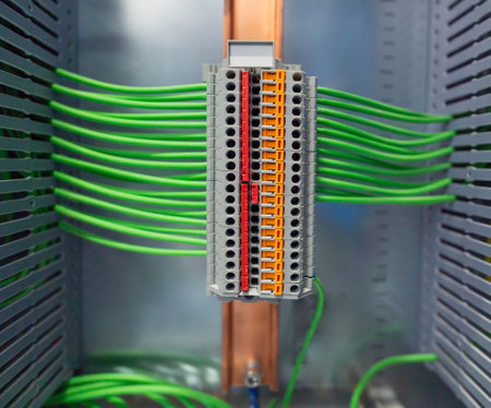 Close-up view of a terminal block in an electrical panel with neatly arranged green wiresの写真素材
