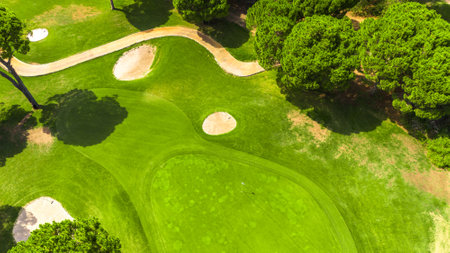 Aerial view of a golf course with a putting green, sand bunkers, and surrounding treesの写真素材