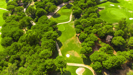Aerial view of a golf course with putting greens, sand bunkers, and winding paths among treesの写真素材