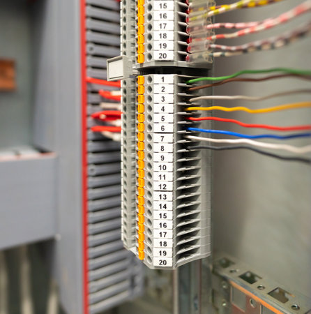 Close-up of a terminal block with numbered connections and organized wiring inside an electrical panelの写真素材