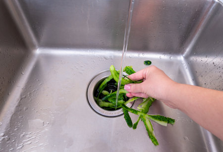 Hand disposing of food scraps in a stainless steel kitchen sink with garbage disposal runningの写真素材