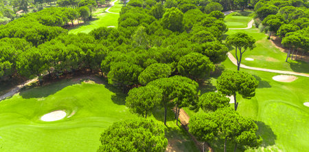 Aerial view of a golf course with sand bunkers, lush green trees, and scenic fairwaysの写真素材