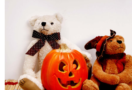 Two teddy bears and Jack-O-Lantern for halloweenの写真素材