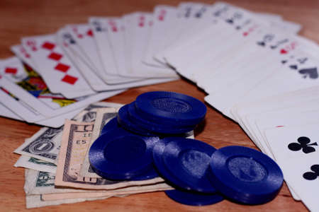 Deck of cards, money and chipsの写真素材