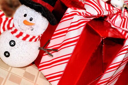 Pretty wrapped Christmas box with snowmanの写真素材