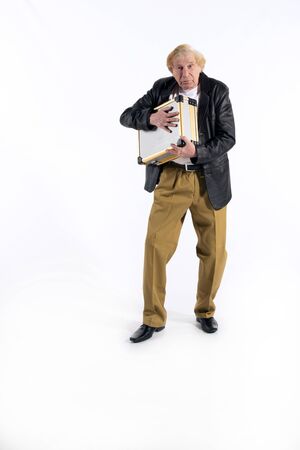 Mafia gangster with a suitcase of money  Isolated on white resting, running, backの写真素材