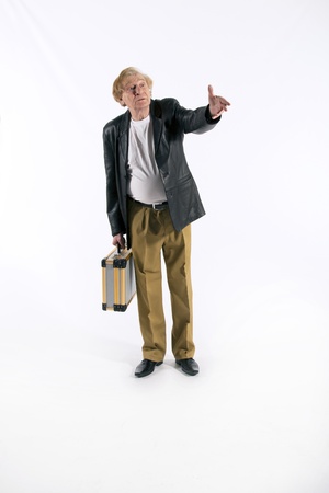 Mafia gangster with a suitcase of money  Isolated on white resting, running, backの写真素材