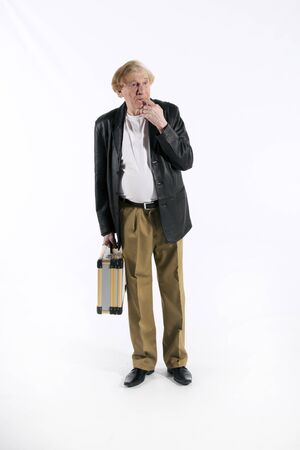 Mafia gangster with a suitcase of money  Isolated on white resting, running, backの写真素材