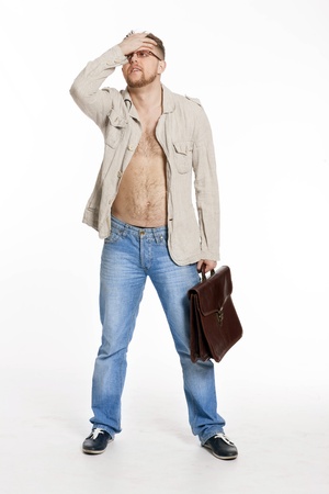 macho manager, an employee in the heat in the jacket on a naked body with a portfolioの写真素材