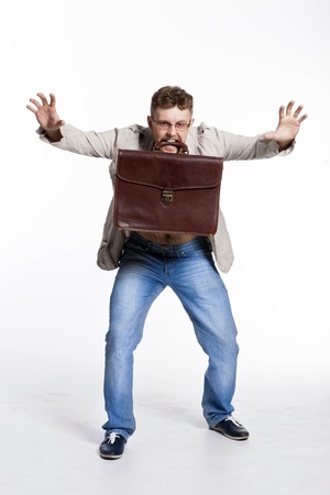 macho manager, an employee in the heat in the jacket on a naked body with a portfolioの写真素材