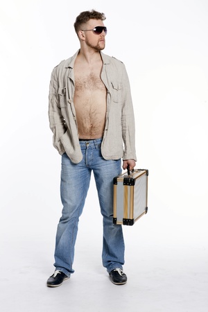 macho manager, an employee in the heat in the jacket on a naked body with a portfolioの写真素材