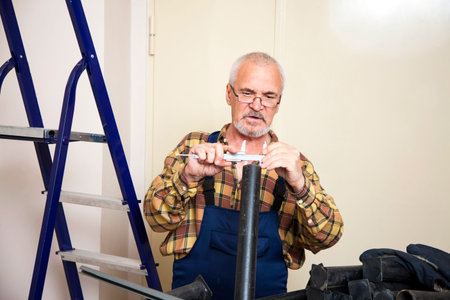 Engineer measures with tool the size of the pipe in the room