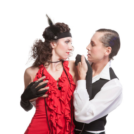  couple in retro style in sexy pose on white background