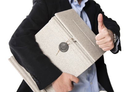 man holding a postbox with letter and showing thumbs up gesture on white の写真素材