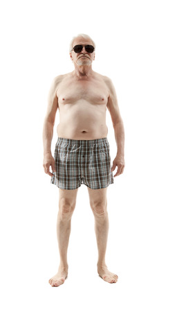 Naked senior man with belly isolated on white backgroundの写真素材