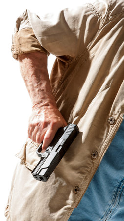 Man with a gun in his hand isolated on white background