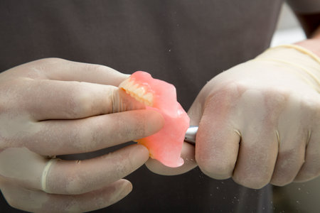 Repair of the top of the artificial jaw. Grinding upper denture