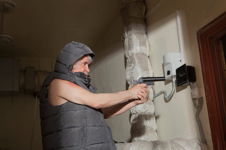 Armed with a gun bandit pursues a sacrifice in the attic