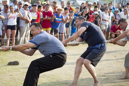 Russia, Republic of Buryatia, Kyren settlement - June 25, 1917:
Sports games in eastern Siberia on the national holiday of the Buryat people Sukharban. Two opposing teams pull the rope. The team that pulls the opponent to his side wins.のeditorial素材
